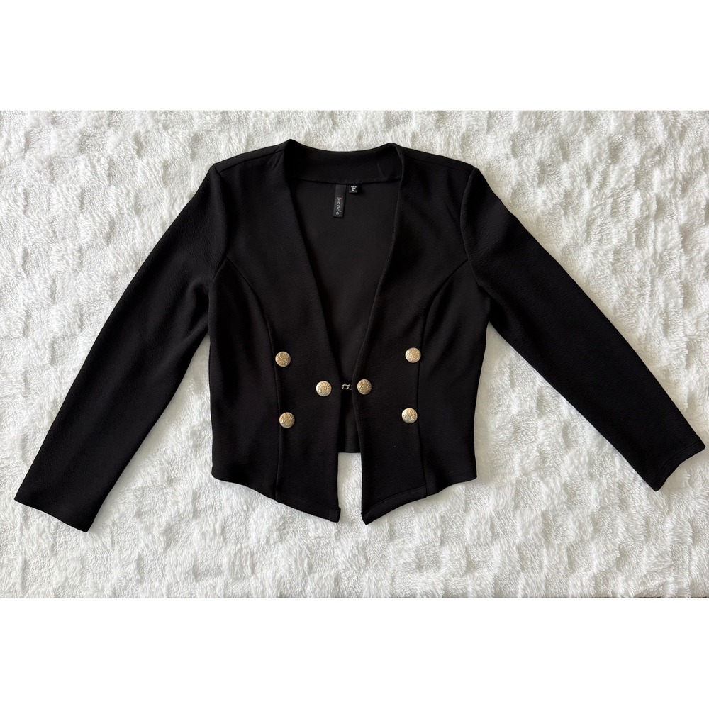 Trende Black Military Style Open Blazer Gold Crest Button Cropped Jacket M- EUC